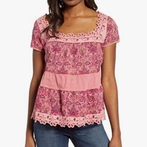 Lucky Brand Pink Floral Tiered Cap Sleeve Blouse Women's 2X Boho